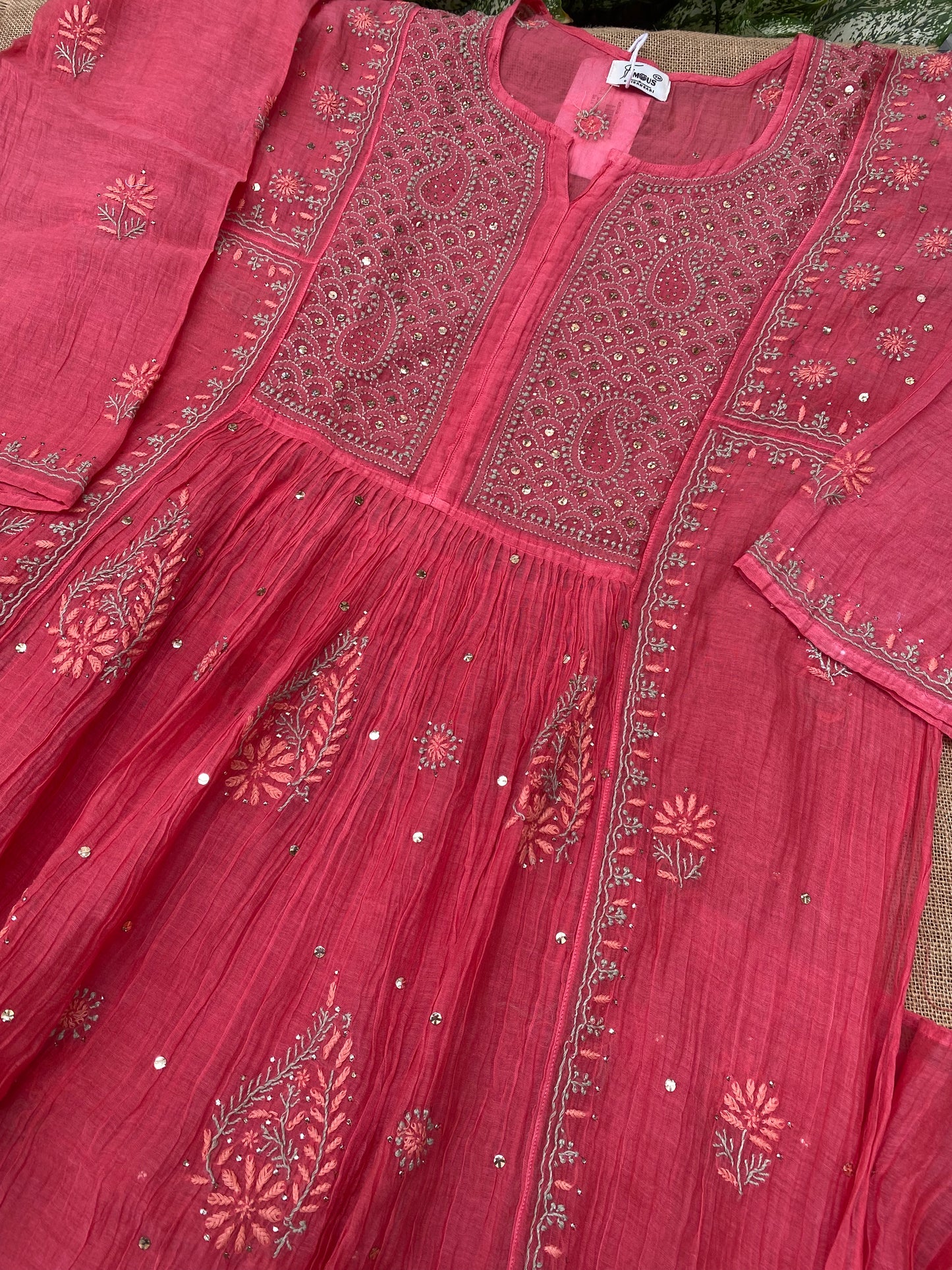 Zaraish Chikankari Semi-Stitched Mul Chanderi Gown With Dupatta-Carrot