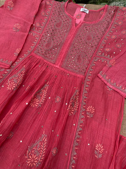 Zaraish Chikankari Semi-Stitched Mul Chanderi Gown With Dupatta-Carrot
