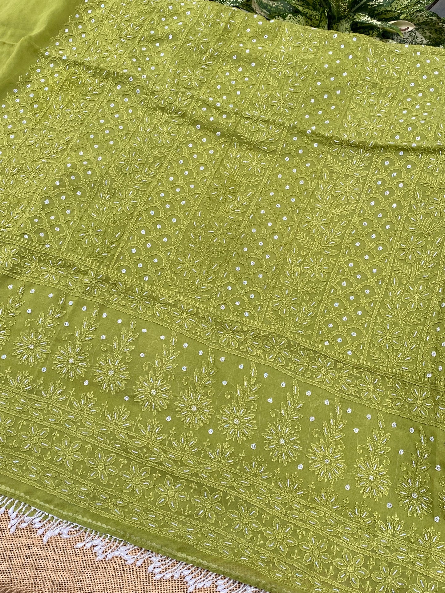 Rangrez Noor| Mehndi Green Chikankari with Pearls Unstitched Dress