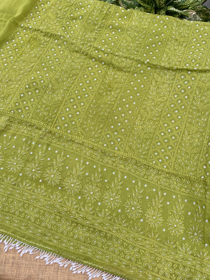 Rangrez Noor| Mehndi Green Chikankari with Pearls Unstitched Dress