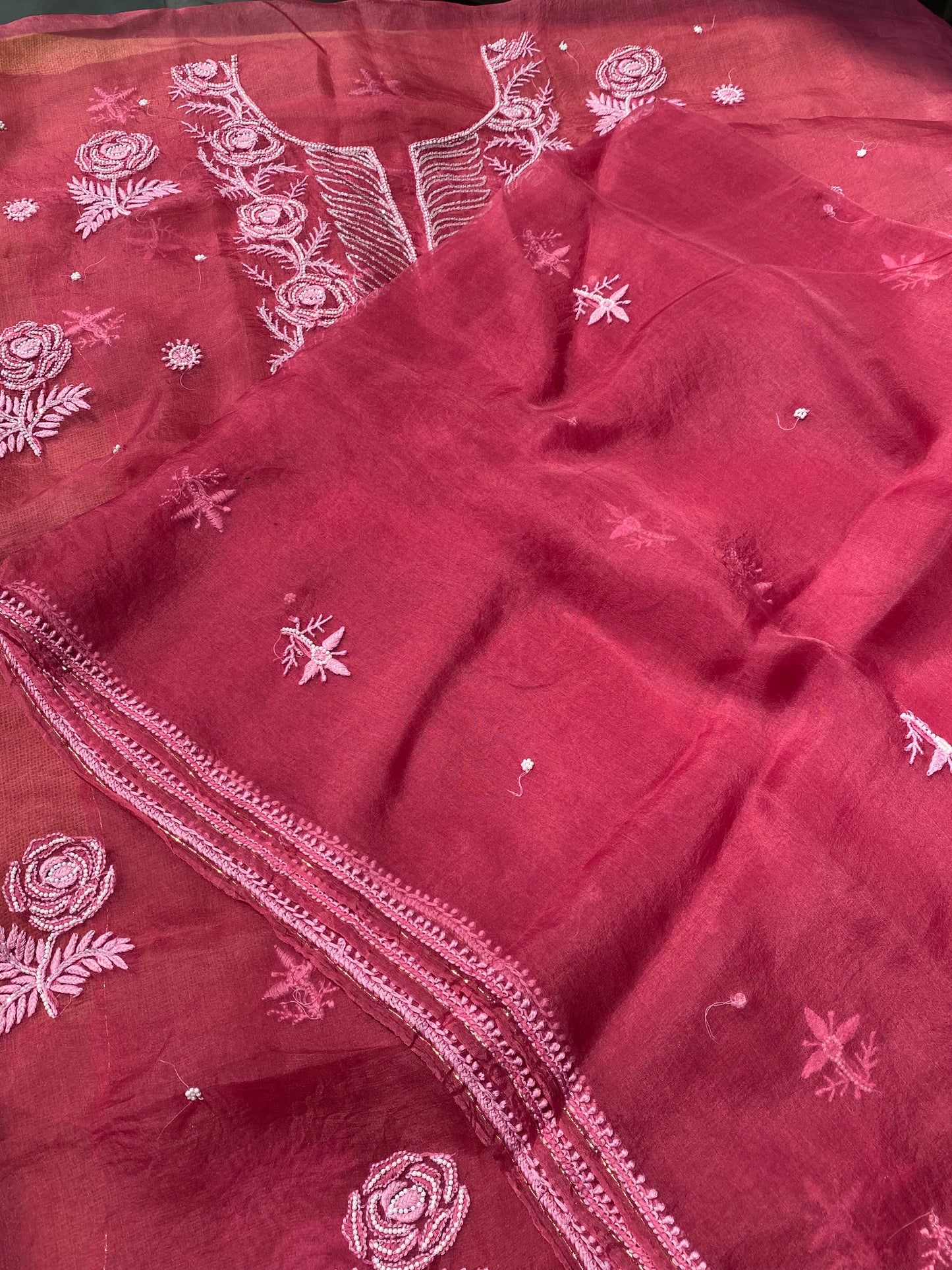 Meher Premium Organza Chikankari Unstiched Dress- Carrot Pink