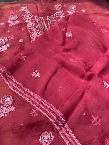 Meher Premium Organza Chikankari Unstiched Dress- Carrot Pink