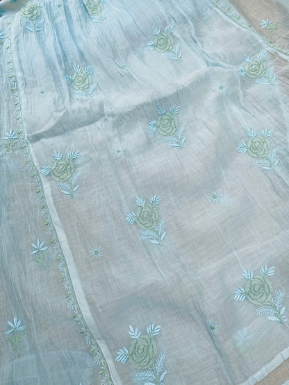 Sky Blue Chikankari Semi-Stitched Mul Chanderi Gown With Dupatta