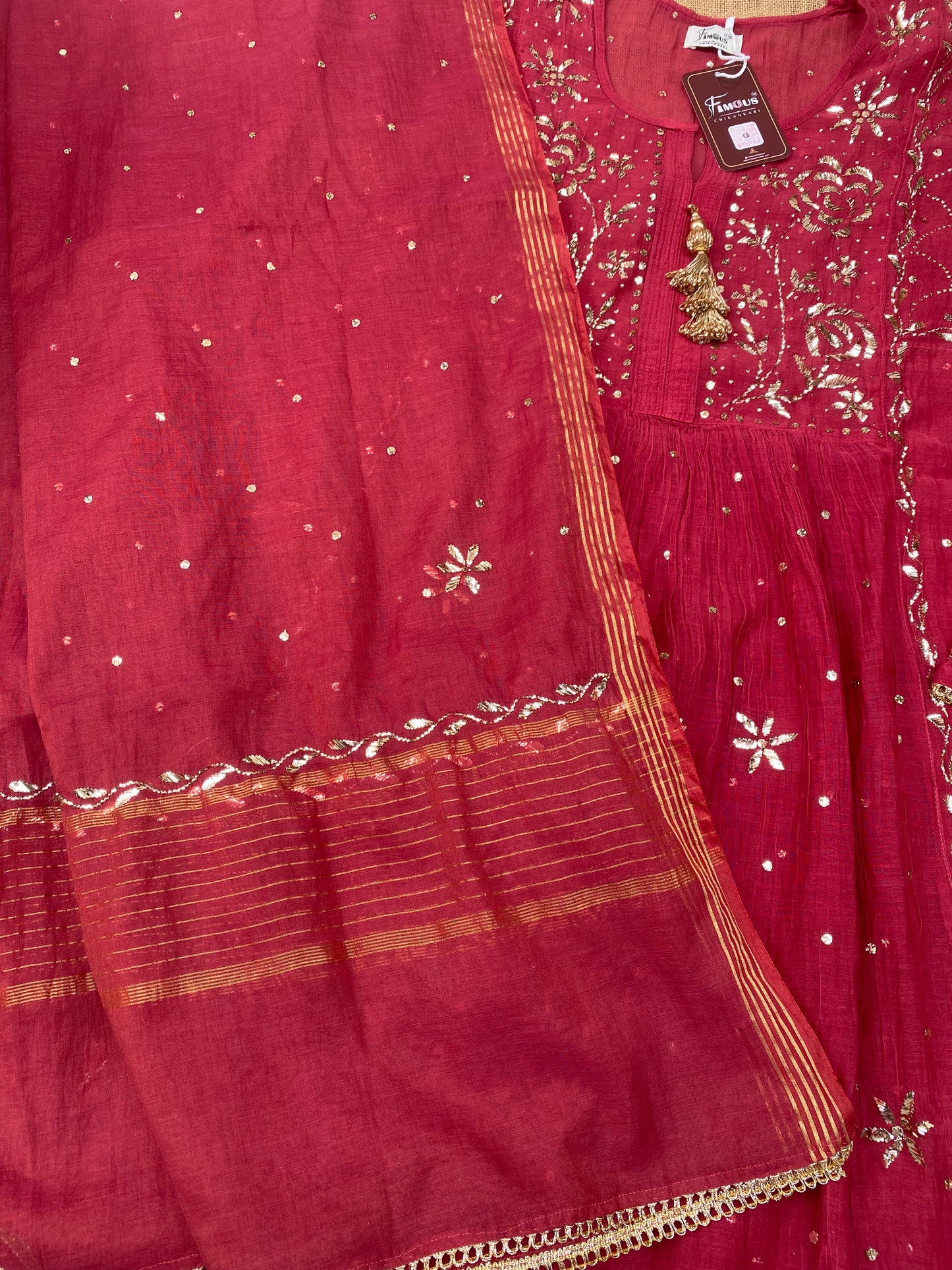Roohani Semi Stitched Pitta Work Gown Dupatta Set - Red