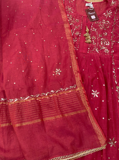 Roohani Semi Stitched Pitta Work Gown Dupatta Set - Red