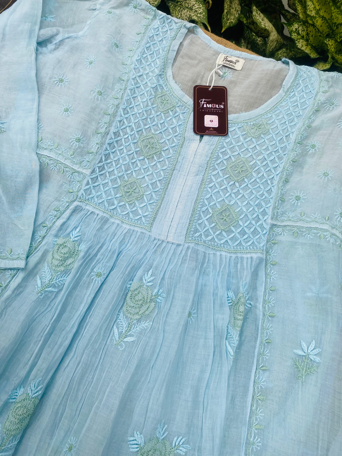 Sky Blue Chikankari Semi-Stitched Mul Chanderi Gown With Dupatta