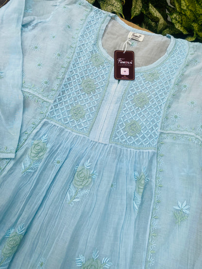 Sky Blue Chikankari Semi-Stitched Mul Chanderi Gown With Dupatta