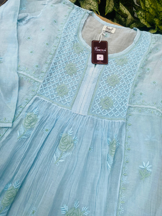 Sky Blue Chikankari Semi-Stitched Mul Chanderi Gown With Dupatta