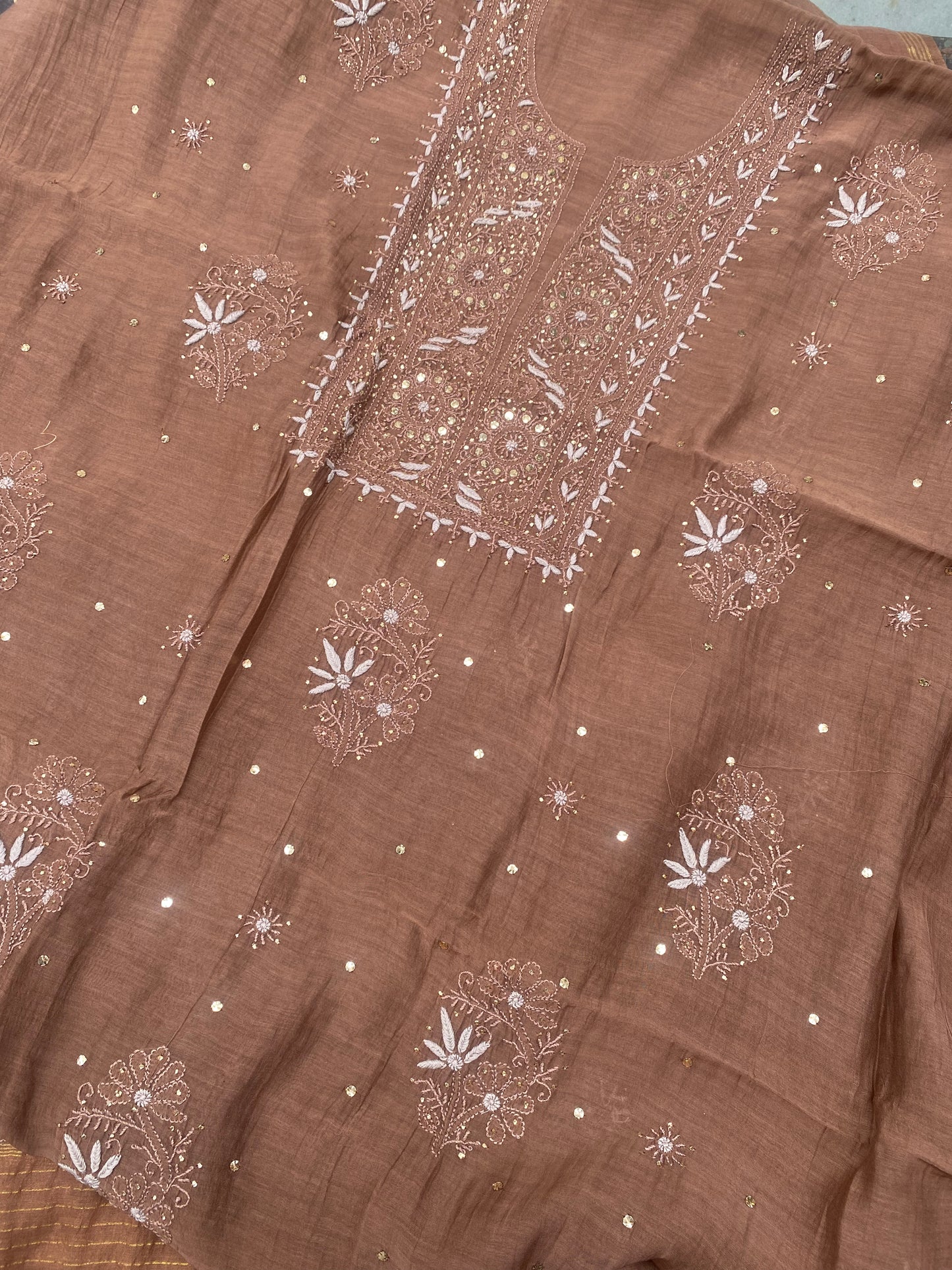 Noor-e-Mulmul Coffee Brown Chikankari Unstiched Set