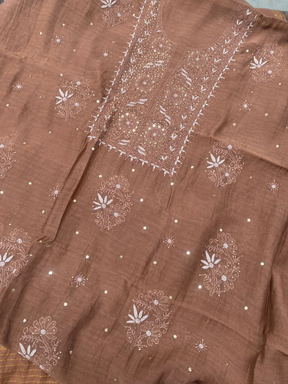 Noor-e-Mulmul Coffee Brown Chikankari Unstiched Set