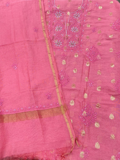 Peachish Pink Chanderi Silk Chikankari Unstitched Suit