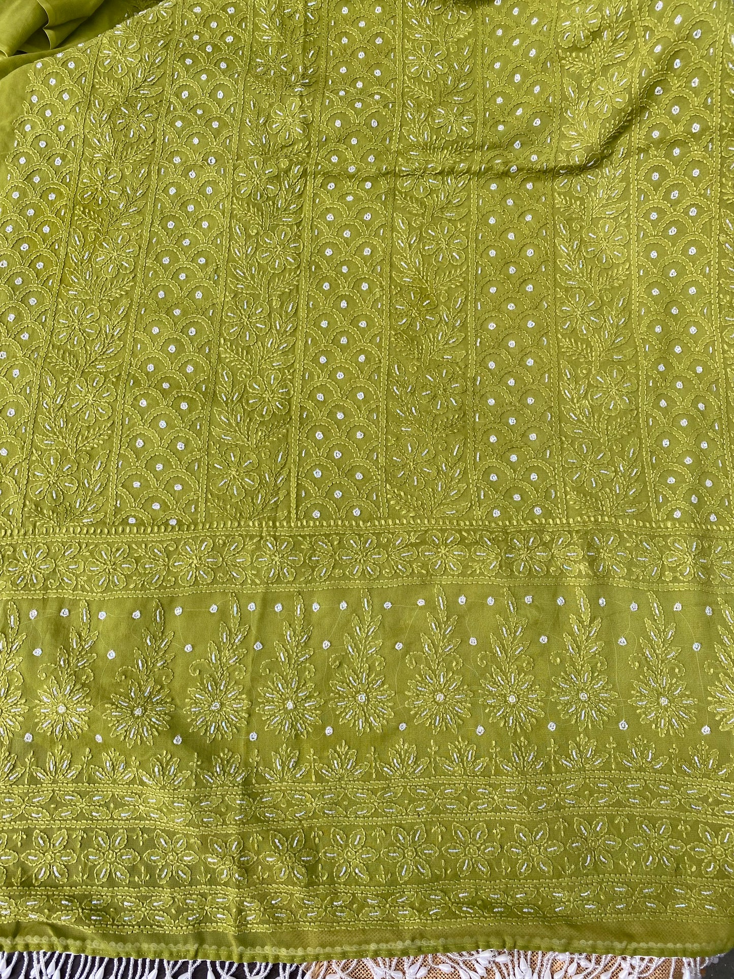 Rangrez Noor| Mehndi Green Chikankari with Pearls Unstitched Dress