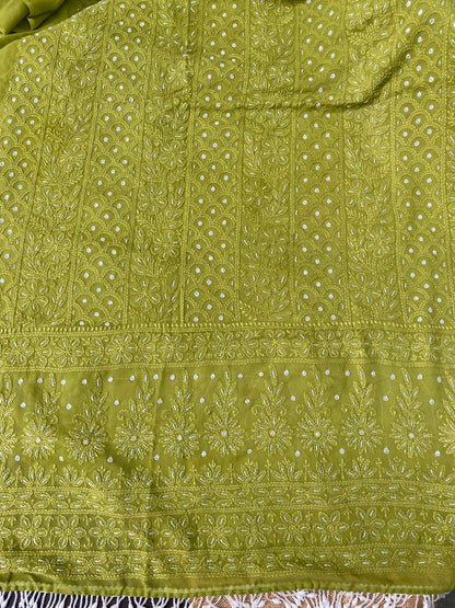 Rangrez Noor| Mehndi Green Chikankari with Pearls Unstitched Dress