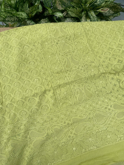 Noorain – Premium Viscose Georgette Chikankari Unstitched Suit(Light Mehndi)