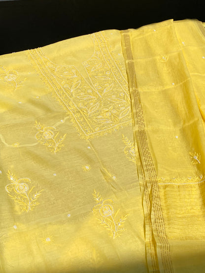 Yellow Mul Chanderi Chikankari Unstitched Dress - Famous Chikankari