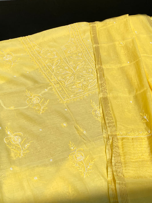Yellow Mul Chanderi Chikankari Unstitched Dress