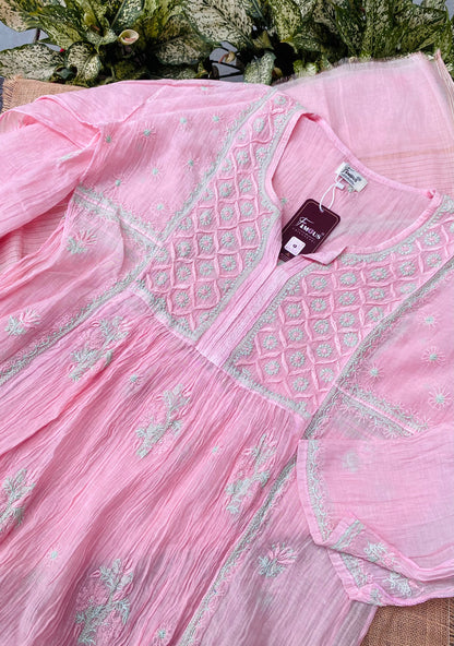 Baby Pink Chikankari Semi-Stitched Mul Chanderi Gown With Dupatta
