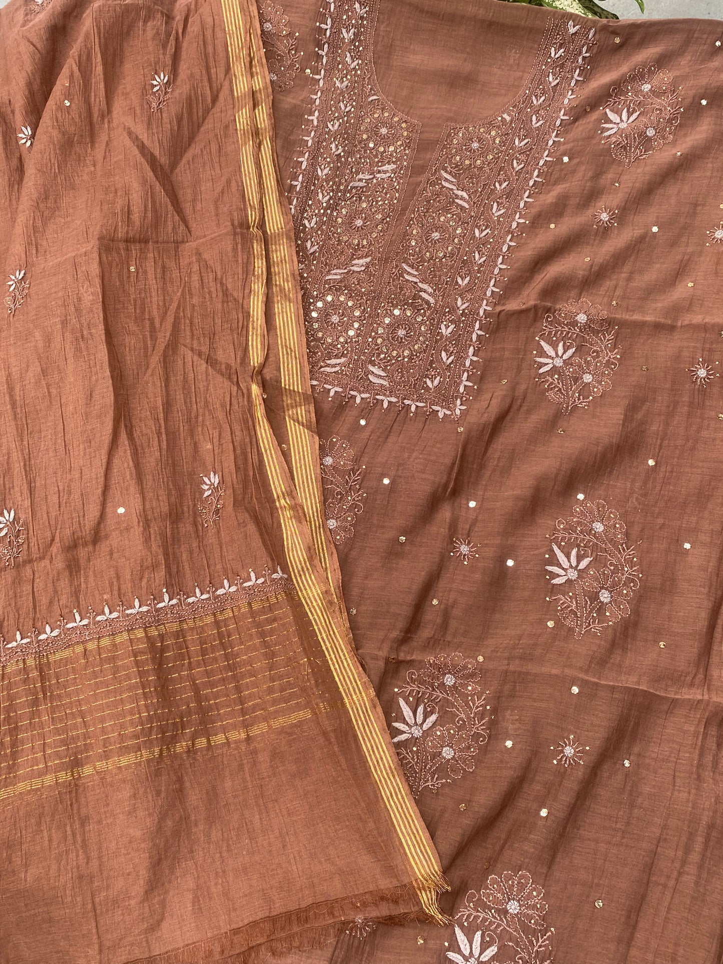 Noor-e-Mulmul Coffee Brown Chikankari Unstiched Set