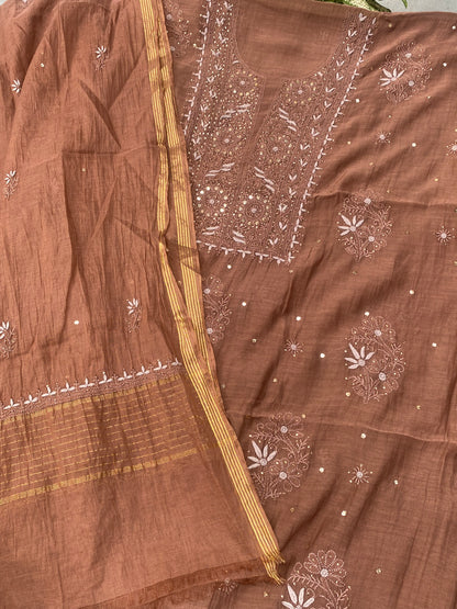Noor-e-Mulmul Coffee Brown Chikankari Unstiched Set