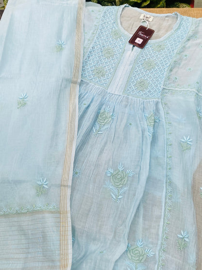 Sky Blue Chikankari Semi-Stitched Mul Chanderi Gown With Dupatta