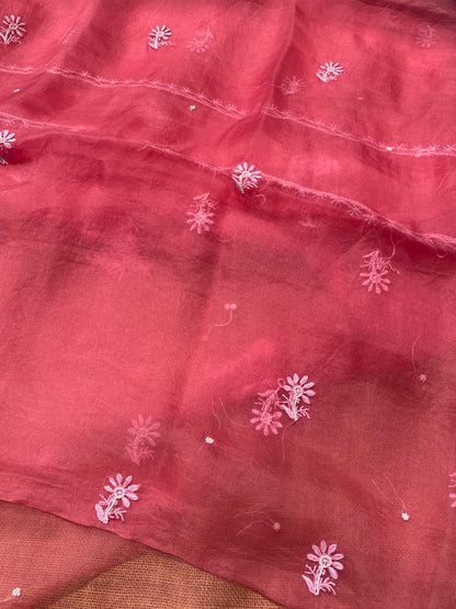 Meher Premium Organza Chikankari Unstiched Dress-Tomato Red