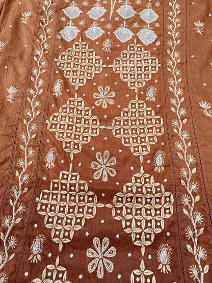 Semi-Stitched Chocolate Brown Ombre Chikankari Kurta & Dupatta
