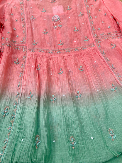 Rahat Dual Tone Chikankari Semi-Stitched Gown Dupatta Set - Peach/Green