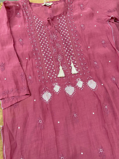 Aiza – Wine Chikankari Semi-Stitched Kurta & Pant Set