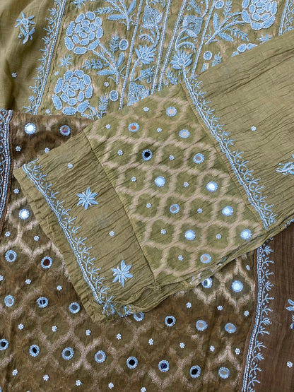 Sheesha Olive Green Ombre Chikankari Kurta & Dupatta