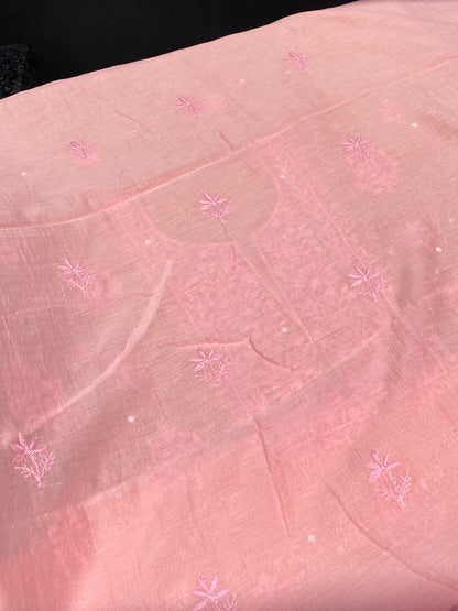 Blush Pink Mul Chanderi Chikankari Unstitched Dress - Famous Chikankari