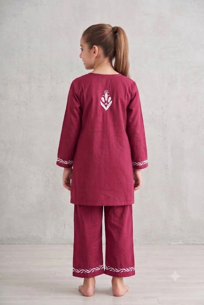 Little Jasmin - Magenta Chikankari Side Pleated Kidswear Set