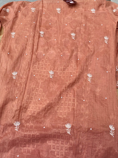 Semi-Stitched Chocolate Brown Ombre Chikankari Kurta & Dupatta