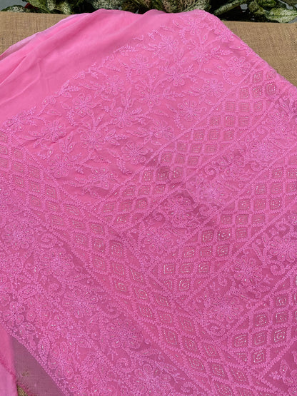 Rangrez Noor| Hot Pink Chikankari Unstitched Suit with Pearl Addons
