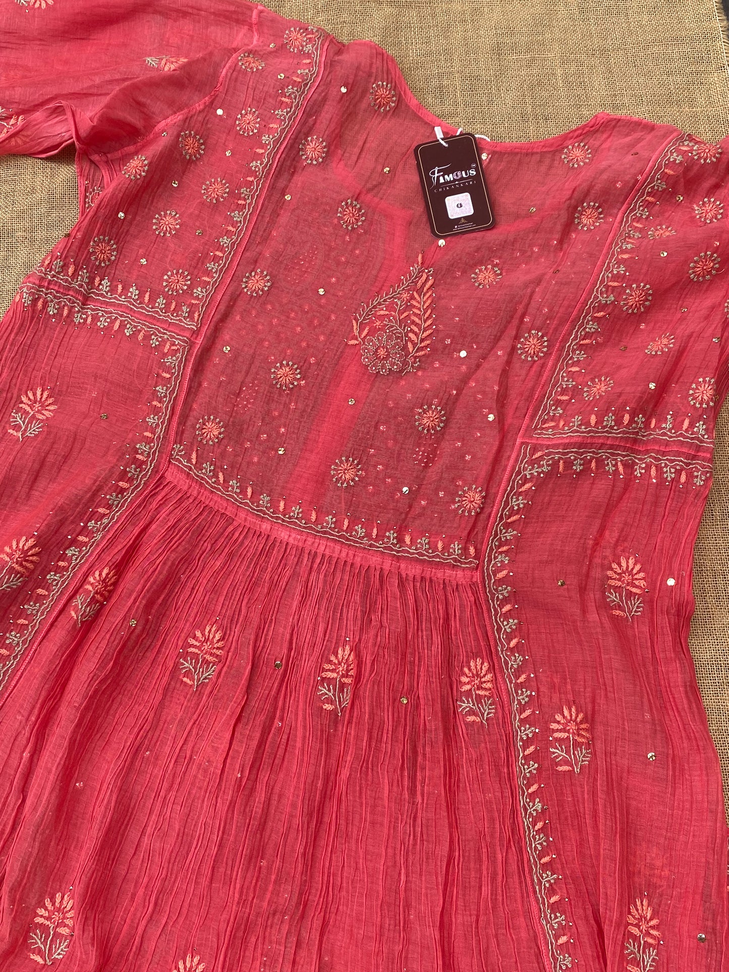 Zaraish Chikankari Semi-Stitched Mul Chanderi Gown With Dupatta-Carrot