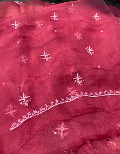 Meher Premium Organza Chikankari Unstiched Dress- Carrot Pink