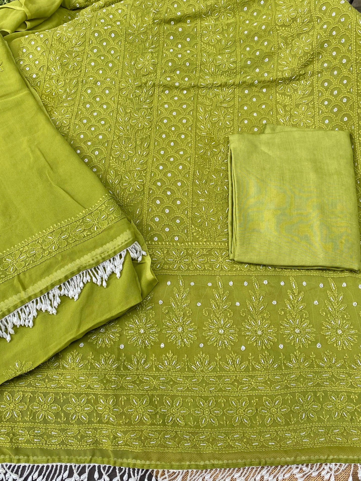 Rangrez Noor| Mehndi Green Chikankari with Pearls Unstitched Dress