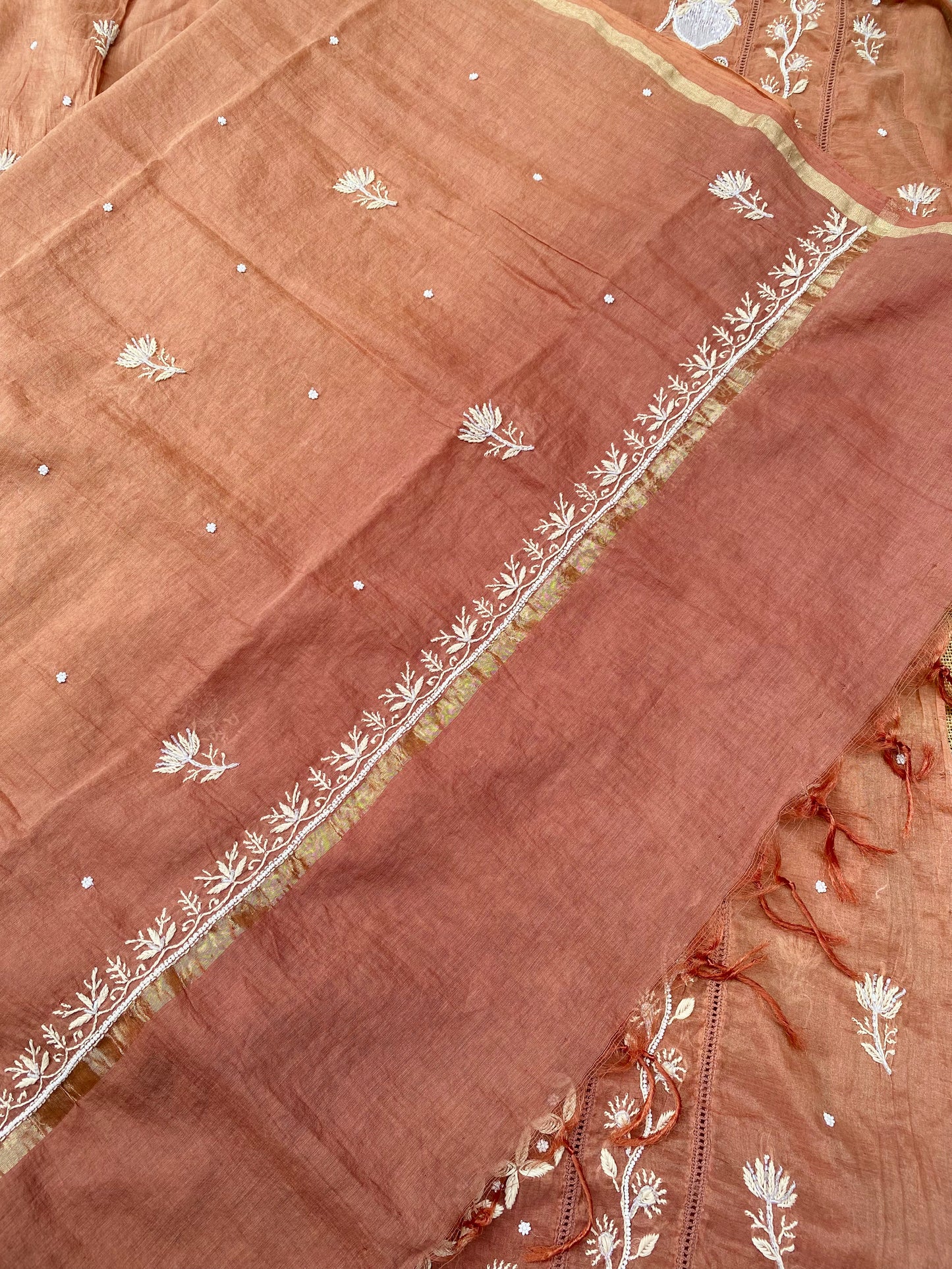 Semi-Stitched Chocolate Brown Ombre Chikankari Kurta & Dupatta