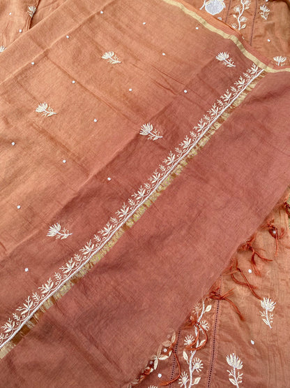 Semi-Stitched Chocolate Brown Ombre Chikankari Kurta & Dupatta
