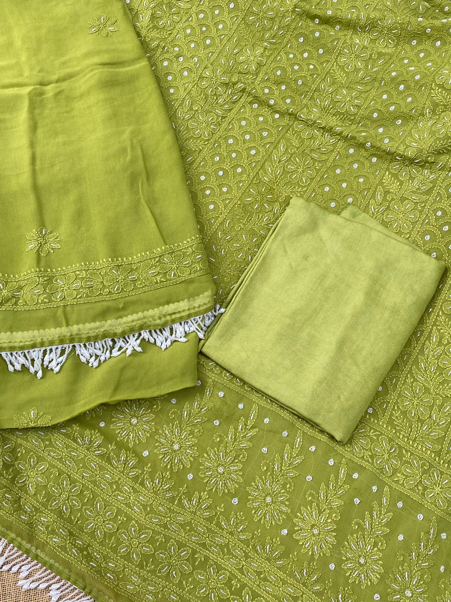 Rangrez Noor| Mehndi Green Chikankari with Pearls Unstitched Dress
