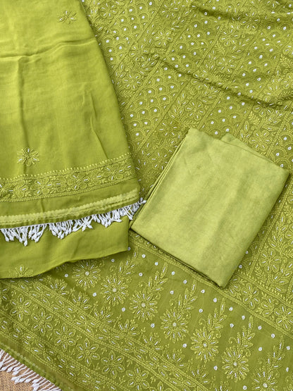 Rangrez Noor| Mehndi Green Chikankari with Pearls Unstitched Dress