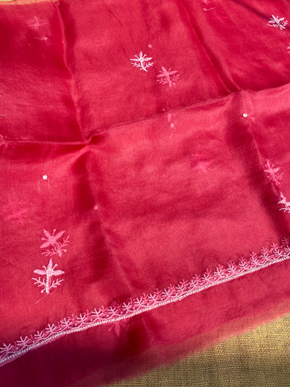Meher Premium Organza Chikankari Unstiched Dress-Tomato Red