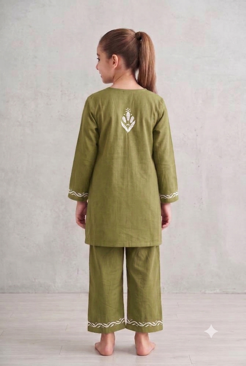 Little Jasmin - Henna Green Chikankari Side Pleated Kidswear Set