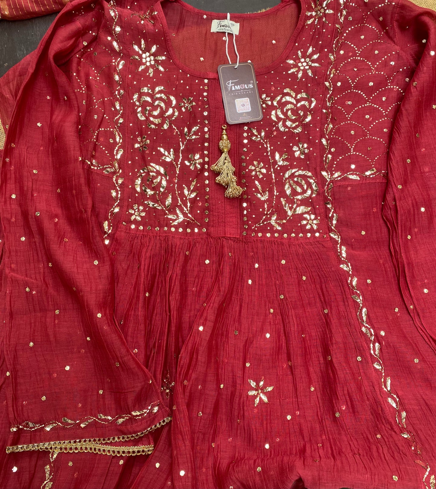 Roohani Semi Stitched Pitta Work Gown Dupatta Set - Red