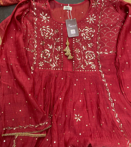 Roohani Semi Stitched Pitta Work Gown Dupatta Set - Red