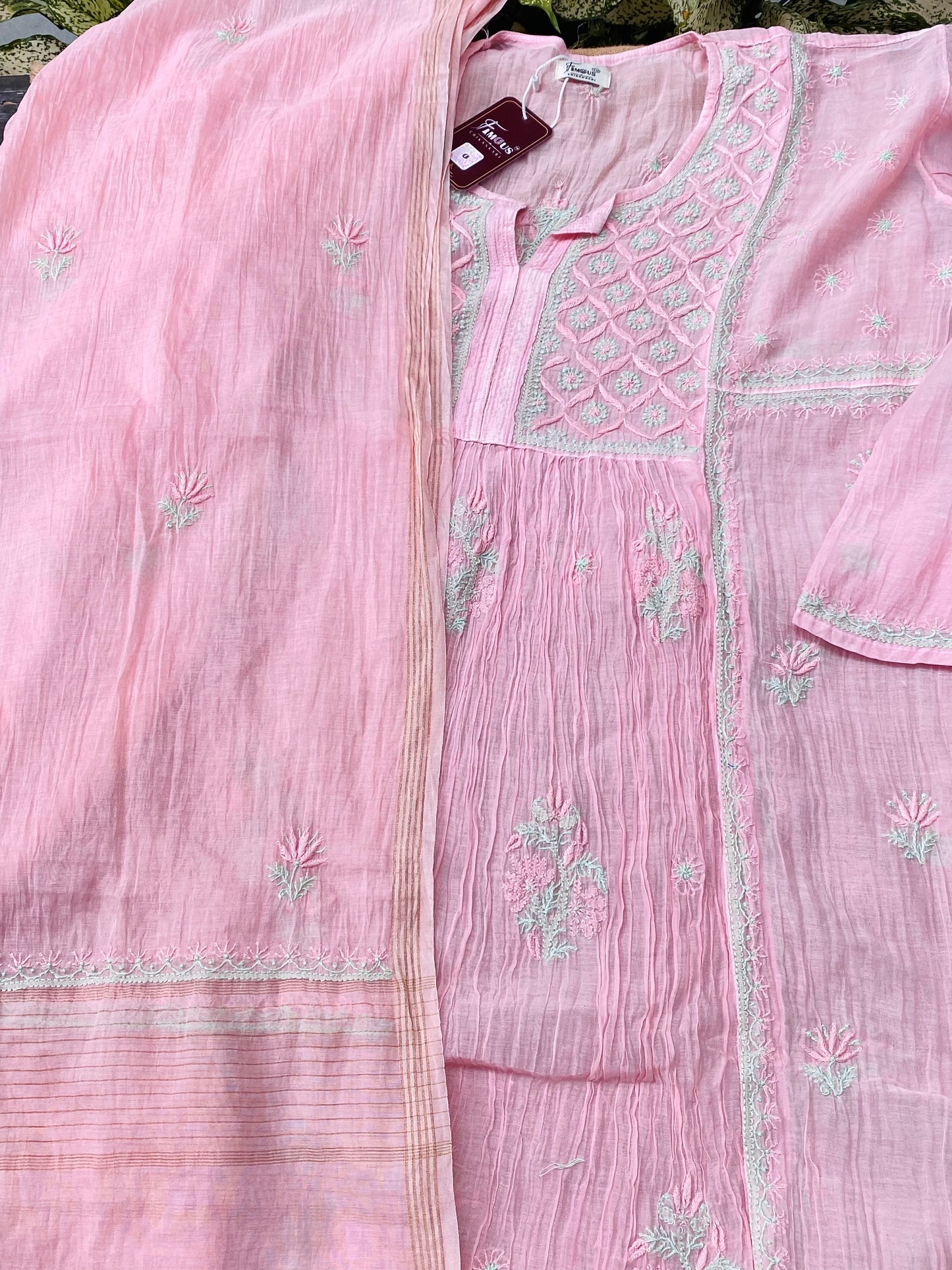 Baby Pink Chikankari Semi-Stitched Mul Chanderi Gown With Dupatta