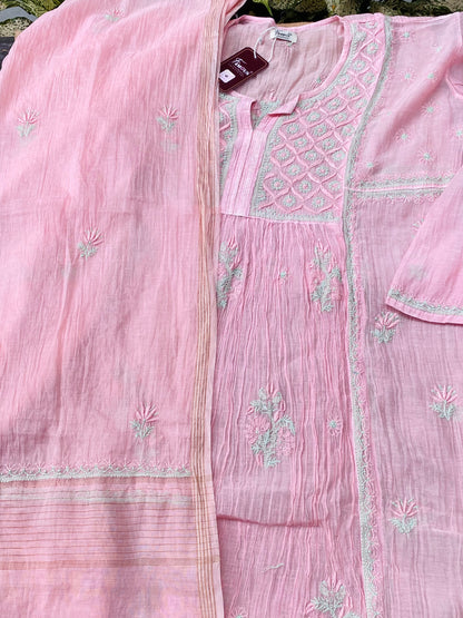 Baby Pink Chikankari Semi-Stitched Mul Chanderi Gown With Dupatta