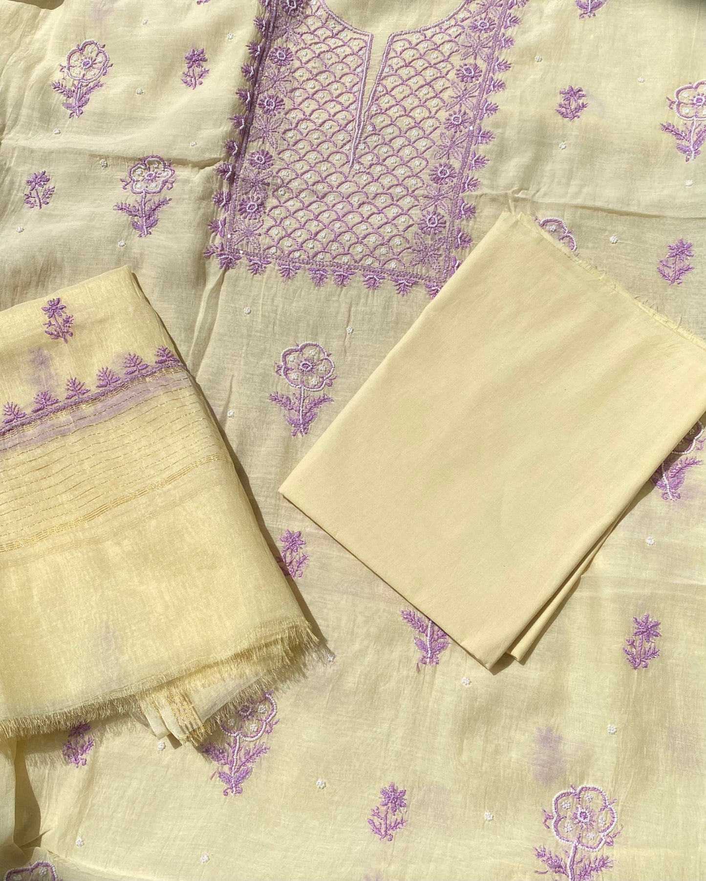 Noor-e-Mulmul Pale Yellow Chikankari Unstitched Set