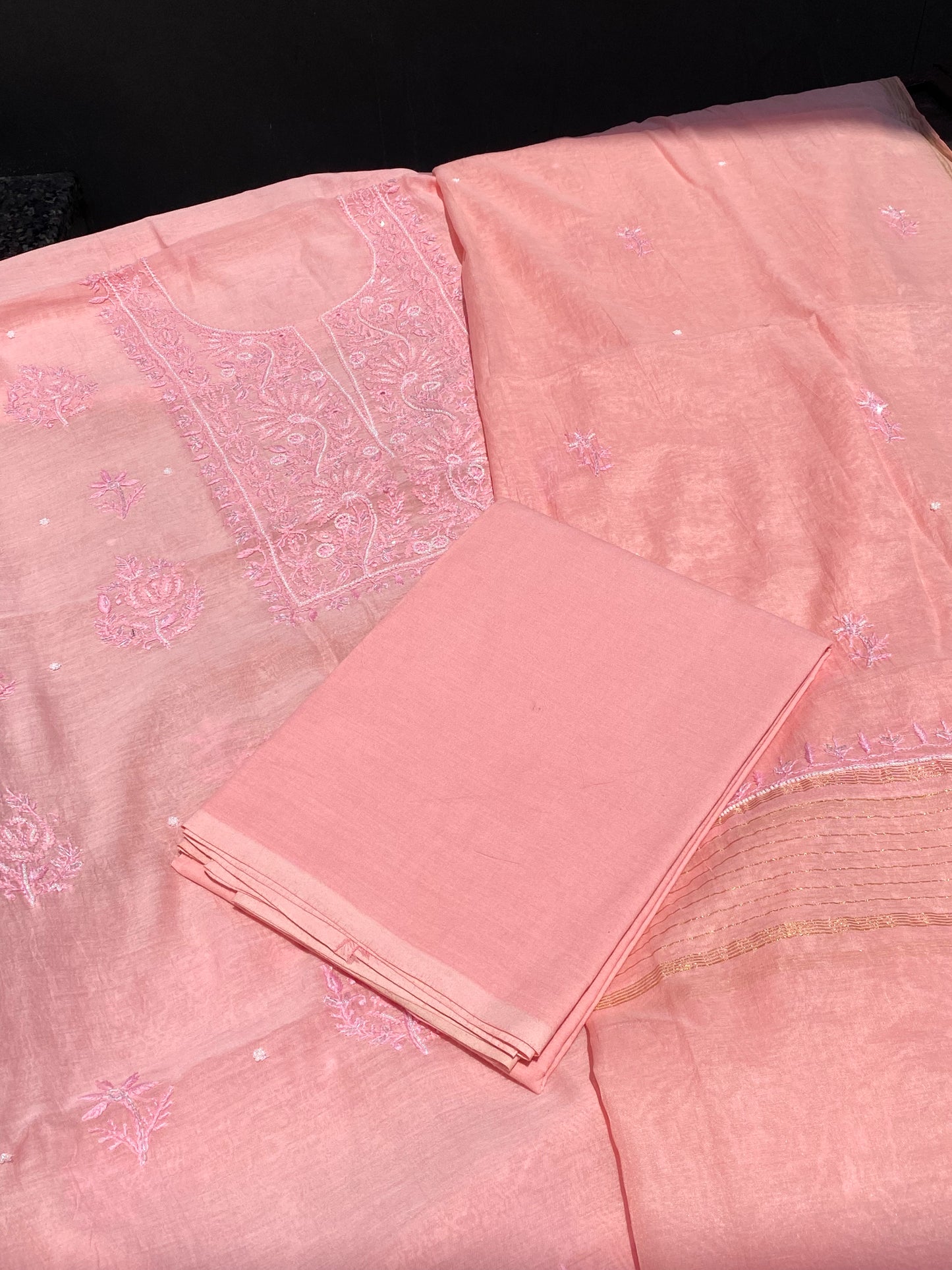 Blush Pink Mul Chanderi Chikankari Unstitched Dress