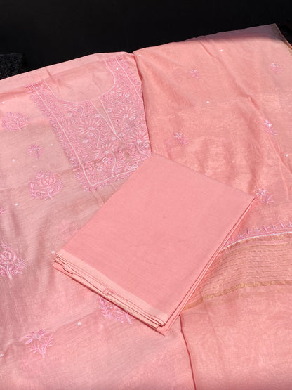 Blush Pink Mul Chanderi Chikankari Unstitched Dress - Famous Chikankari