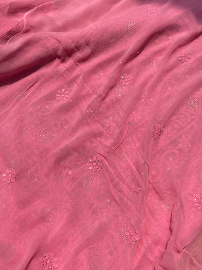 Sunehri Noor | Carrot Pink Chikankari Mukaish Unstitched Dress Set - Famous Chikankari